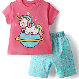 Babyhug Cotton Half Sleeves Capri Night Suit Hearts & Unicorn Print- Blue & Pink-image-96