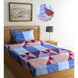 Arrabi Multi Geometric TC Cotton Blend Single Size Fitted Bedsheet with 1 Pillow Cover-image-82