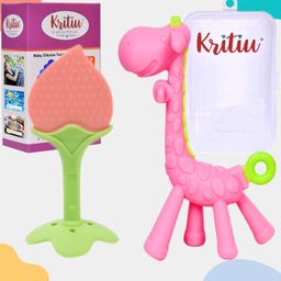 Kritiu Baby Giraffe Shape Silicone Teether Toy & Stand Teether Combo Pack Of 2 - Pink-9