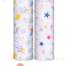 Zoe 100% Cotton Muslin Multipurpose Swaddle Wrap Pack of 2 Star Print- Multicolour-picture-15