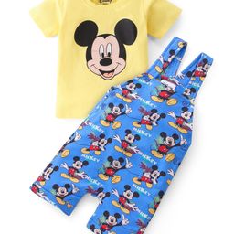 Babyhug Disney Single Jersey Knit  Dungaree with Half Sleeve T-Shirt  & Mickey Mouse  Print - Yellow & Blue-image-52