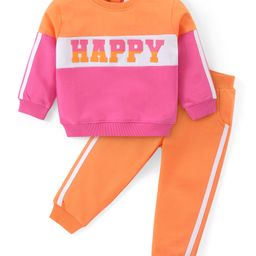 Babyhug Cotton Knit Full Sleeves Text Printed Top & Lounge Pants Set - Orange & Pink-image-64