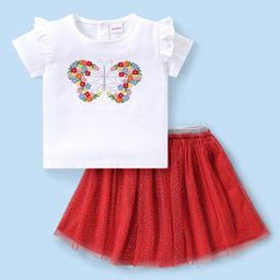 Babyhug Single Jersey Knit Half Frill Sleeves Top and Skirt With Butterfly Embroidery- White & Red-image-60