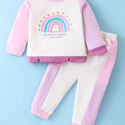 ToffyHouse 100% Cotton Knit Full Sleeves T-Shirt & Lounge Pant Cut & Sew Set With Text & Rainbow Print - Light Pink & White-image-26