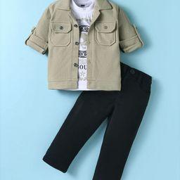 Robo Fry Knit Full Sleeves Solid Colour Shirt & Trouser Set with Printed T-Shirt - Olive Green-image-69