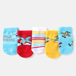 Cute Walk by Babyhug Cotton Knit Anti-Bacterial Ankle Length Airplane Text & Stripe Designed Socks Pack of 5 - Light Blue Red & Yellow-image-42
