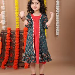 Kinder Kids Cotton Three Fourth Sleeves Floral Motif Printed Long Jacket With Striped Dress - Red & Blue-image-4