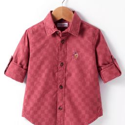 US Polo Assn Cotton Knit Full Sleeves Square Pattern Solid Shirt - Maroon-image-97