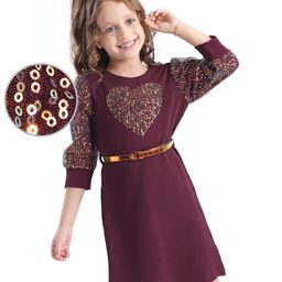 Hola Bonita Knit Three Fourth Sleeves Textured Dress With Sequin Detailing - Wine-image-99