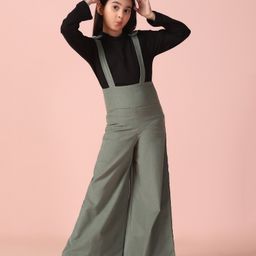 Piccolo Cotton Lycra Bow Applique Detailed Dungaree With Full Sleeves Solid Tee Set - Green & Black-image-70
