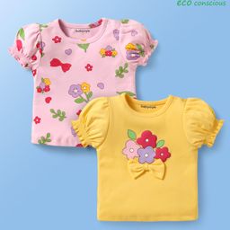 Babyoye 100% Cotton Knit With Eco Jiva Finish Half Puffed Sleeves T-Shirts with Floral Print & Bow Applique Pack of 2 - Yellow & Pink-image-14