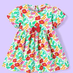 Babyhug Single Jersey Knit Half Sleeves Dress With Floral Print & Bow Applique - White-picture-11