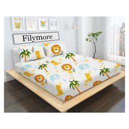 Filymore Lion double Bedsheet for kids room Made with super soft microfiber Double Bedsheet with 2 Pillow Covers Size 90x90 Inch Pillow Cover Size 17 X 27 Inch, White and yellow-18