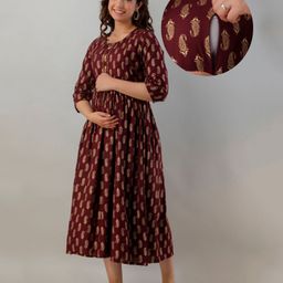 Step Queen Rayon Three Fourth Sleeves Paisleys Foil Printed Maternity Dress With Nursing Access - Maroon-image-89