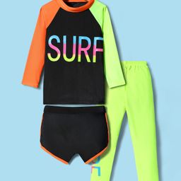 KIDLINGSS Full Sleeves Surf Text Printed Swim Top & Leggings With Shorts Set - Orange Green & Black-image-23
