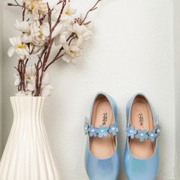 Toothless Floral Applique Detailed & Pearls Embellished With Velcro Closure Mary Jane Ballerinas - Sky Blue-image-96