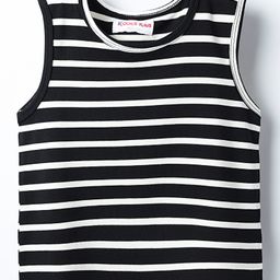 Kookie Kids Cotton Knit Sleeveless Rib Slim Fit Top With Stripes - Black & White-image-5