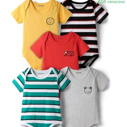 Babyoye 100% Cotton Knit Half Sleeves Onesies with Stripes Vehicle & Animal Print - Yellow & Grey-image-82