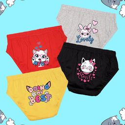 NUSYL Cotton Pack Of 4 Baby Cat & Hearts Printed Panties - Grey Red Black & Yellow-image-88