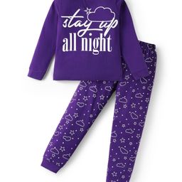 Unicorns Cotton Woven Full Sleeves Clouds & Stay Up All Night Printed Coordinating Night Suit Set - Purple-image-7
