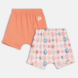MINI KLUB Cotton Knit Pack Of 2 Breakfast Theme & Floral Patch Detailed Shorts - Orange & Pink-image-88