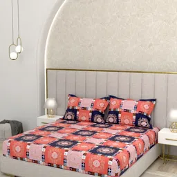 Pure Decor Rust & Navy Blue Printed 300 TC Pure Cotton Queen Bedsheet Set 2.28 m x 2.54 m-picture-3