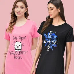 Christy World Women Pack Of 2 Typography Printed Round Neck Cotton Longline T-shirt-picture-38