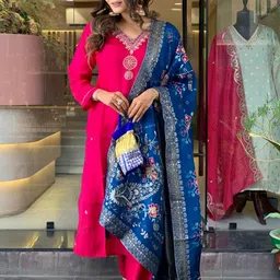 KALINI Ethnic Motifs Embroidered Regular Chanderi Silk Kurta with Trouser & Dupatta image 4