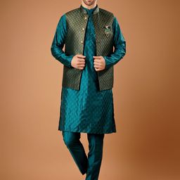 Dulha Ghar Floral Woven Design Cotton Silk Straight Kurta With Trouser & Nehru Jacket-picture-28