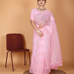 VRAGI Woven Design Embroidered Organza Saree-picture-28