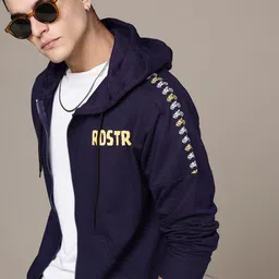 The Roadster Lifestyle Co. Hooded Front Open Pure Cotton Sweatshirt with Brand Logo Detail-image-81