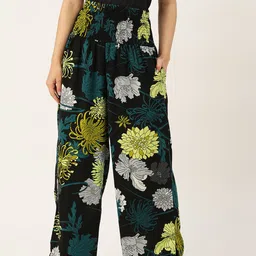 Antheaa Women Black & Green Floral Printed Comfort Smocked Flared High-Rise Trousers-image-52