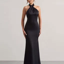 bebe Women Solid Black Halter Neck Bodycon Maxi Dress-image-86