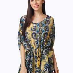 IX IMPRESSION Green & xiketic Print Georgette Cinched Waist Kaftan Top-image-62
