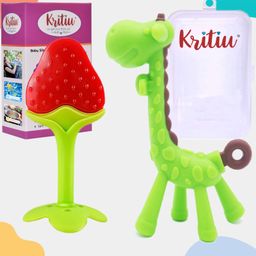 Kritiu Baby Giraffe Shape Silicone Teether Toy & Stand Teether Combo Pack Of 2 - Green-25