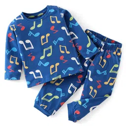Babyhug Cotton Knit Full Sleeves Musical Notes Printed Night Suit - Blue-picture-26
