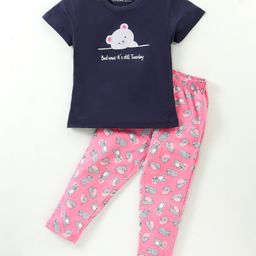 Doreme Single Jersey Knit Half Sleeves Night Suit With Bear Print - Navy Blue-picture-29