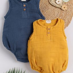Cot & Candy Sleeveless Round Neck Solid Muslin Romper  -Navy and Mustard-image-101