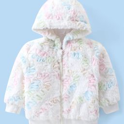 Babyhug Woven Full Sleeves Front Open Hooded Fur Jacket With Frill Detailing - White-image-52