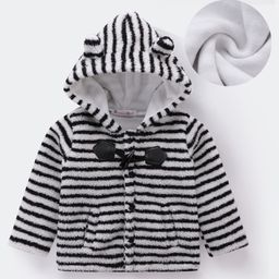 Kookie Kids Full Sleeves Hooded Winter Fur Striped Jacket with 3D Applique - Black-image-89
