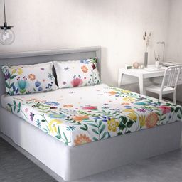 DDecor White Blue Floral Cotton 144 TC Queen Bedsheet With 2 Pillow Covers-23