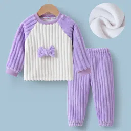 Kookie Kids Raglan Sleeves Winter Wear Night Suit With Bow Applique - White & Purple-picture-25