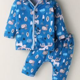 OHMS Single Jersey Knit Full Sleeves Night Suit With Animal Print - Blue-image-67