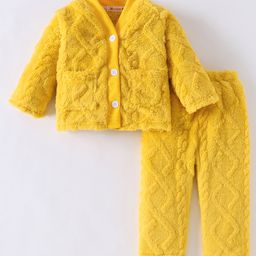 Kookie Kids Full Sleeves Front Open Solid Winter Wear Night Suit - Yellow-image-35