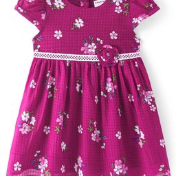 Babyhug Cotton Knit Cap Sleeves Checkered Frock With Floral Print & Applique - Dark Pink-image-95