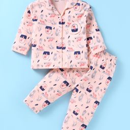 Little Darlings Interlock Knit Full Sleeves Front Open Night Suit With Kittens Print - Light Peach-image-63