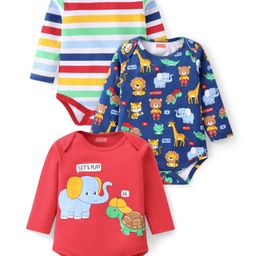 Babyhug 100% Cotton Knit Full Sleeves Striped Onesies Animal Print Pack of 3 - Navy Blue & Red-image-100