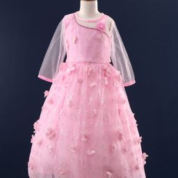 Enfance Flower Applique & Sequin Embellished Shimmered Mesh Dress With Three Fourth Sleeves Inner - Pink-image-21