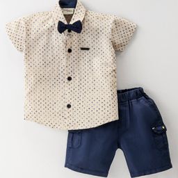 Dapper Dudes Half Sleeves All Over Printed Shirt With Bow & Shorts - Fawn-picture-23