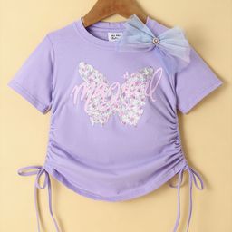 Kookie Kids Woven Half Sleeves Top With Floral & Bow Applique - Purple-image-50